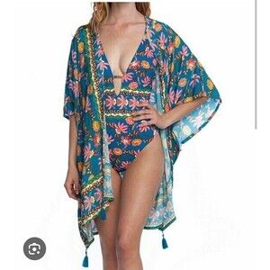Nanette Lepore Polynesian Kimono Swimsuit Cover up Size Small Floral Turquoise